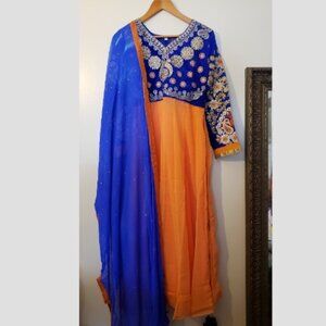 Gorgeous Blue and Orange Anarkali with sleeves